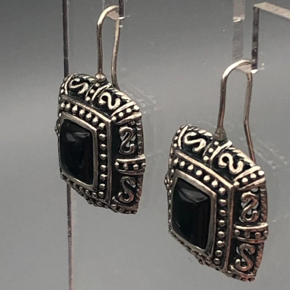 Vintage Byzantine Onyx Sterling Silver Earrings 925 Square Dangle Gothic Wire